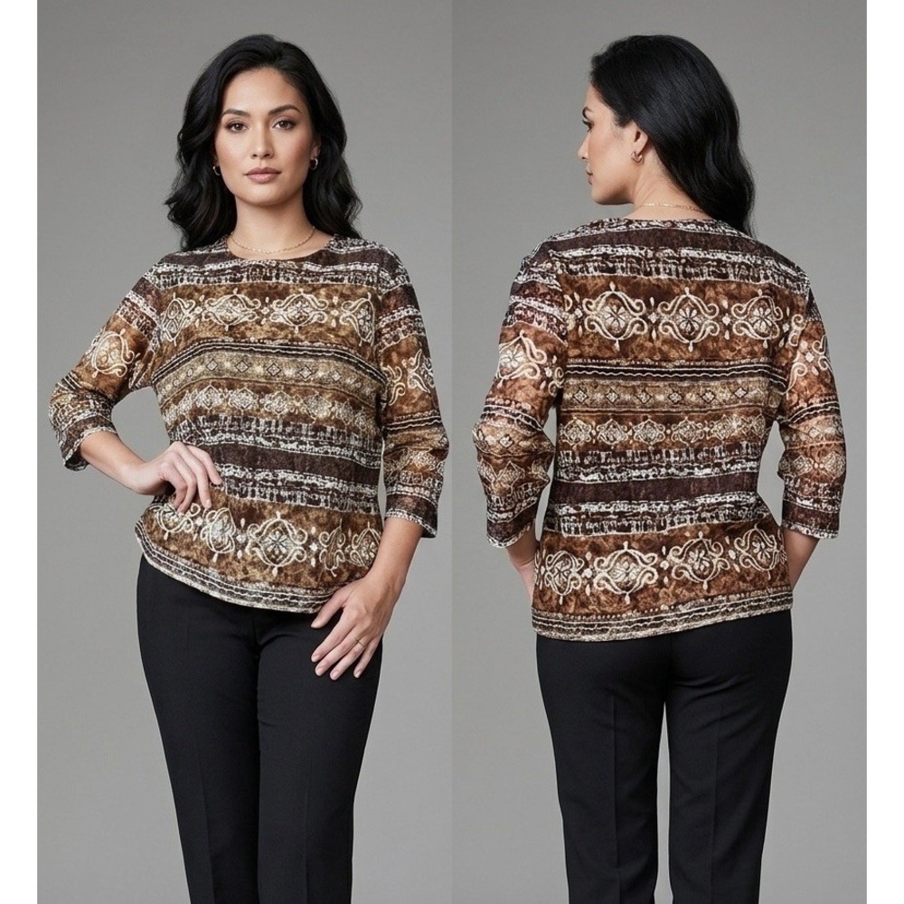 Laura Ashley PM Petite Medium Brown Lace Blouse Mesh Medallion 3/4 Sleeve‎ Top